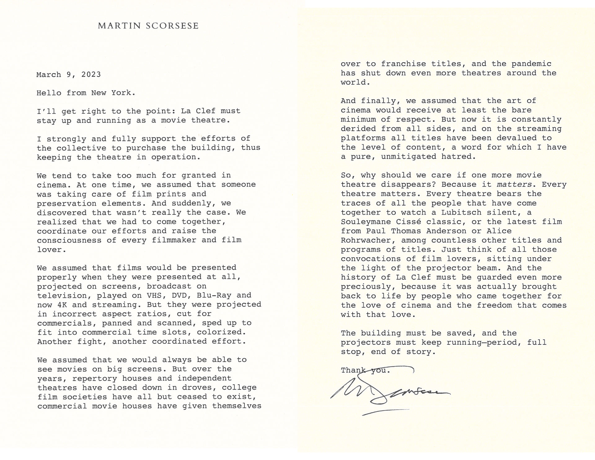 Respond letter from Martin Scorsese